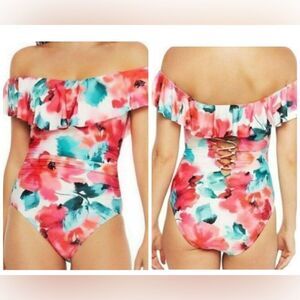 La Blanca Wild Flounce Floral Print Popover Flounce  One-piece Swimsuit- Size 16